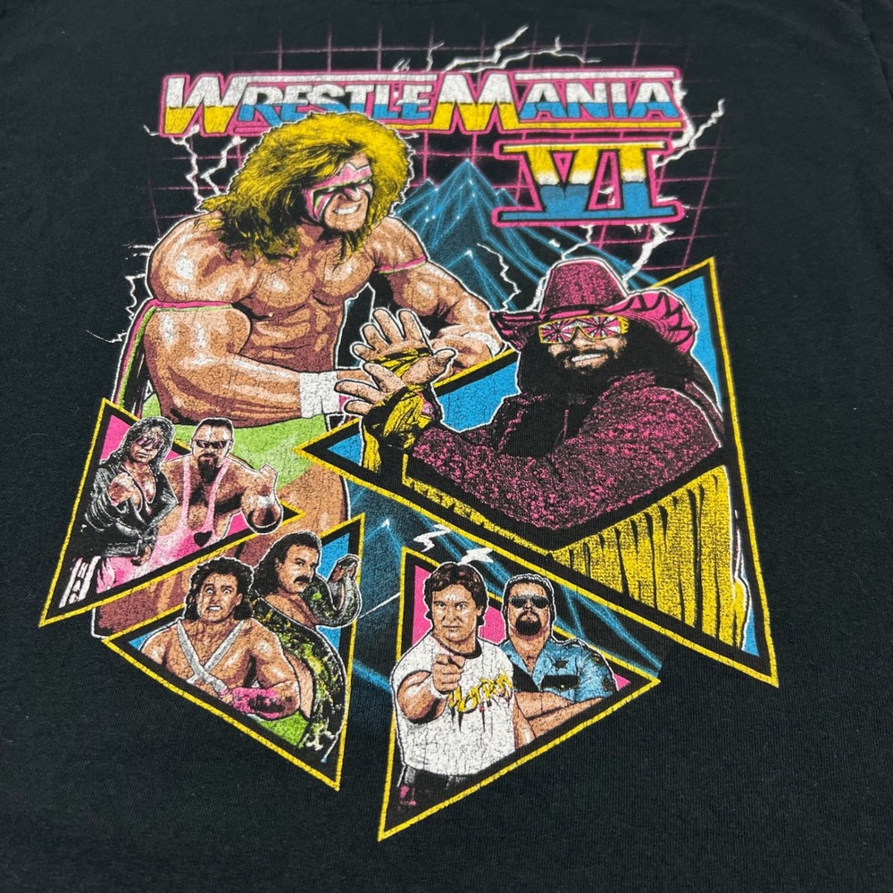 WWE Men's Large WrestleMania VI Ultimate Warrior Macho Man Black Graphic T-Shirt
